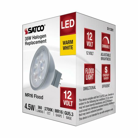 Satco 4.5 Watt MR16 LED - Silver Finish - 2700K - GU5.3 Base - 360 Lumens - 12 Volt - Hologen S11391